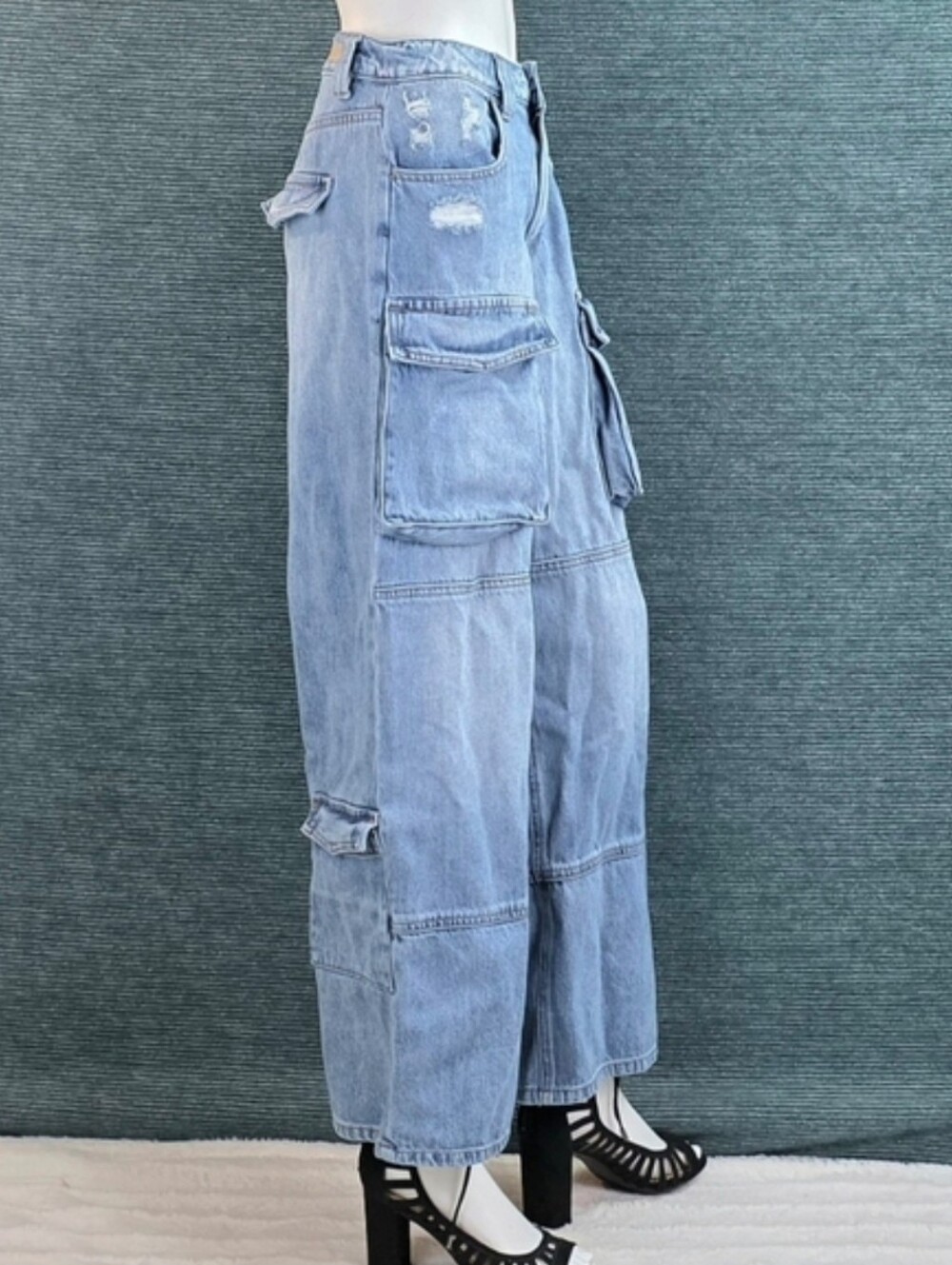Cello High Rise Wide Leg Distressed Cargo Jeans